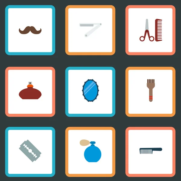 Conjunto de iconos de barbería símbolos de estilo plano con estilista, cuchilla, faro y otros iconos para el diseño del logotipo de su aplicación móvil web . — Vector de stock