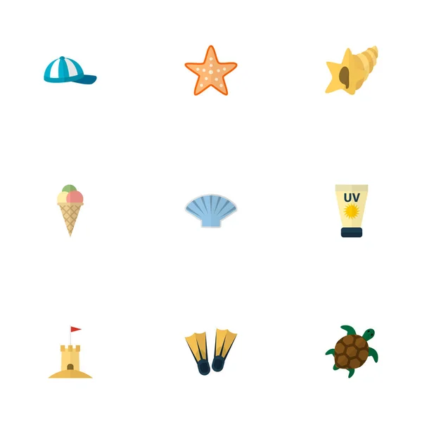 Güneş kremi, kaplumbağa, kabuk ve diğer simgeler web mobil app logo tasarımı için plaj simgeler düz stil sembollerle kümesi. — Stok Vektör