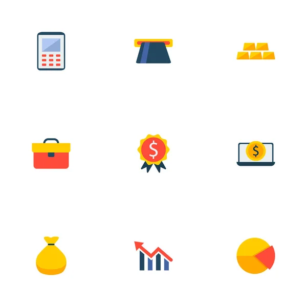 Conjunto de ícones de comércio símbolos de estilo plano com dinheiro para laptop, gráfico de pizza, pasta e outros ícones para o seu design de logotipo de aplicativo móvel da web . —  Vetores de Stock