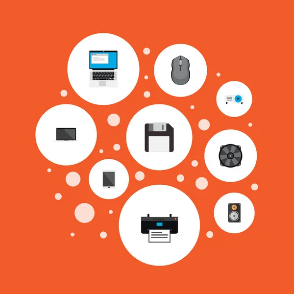Conjunto de ícones de computador símbolos de estilo plano com disquete, laptop, máquina de impressão e outros ícones para o design do logotipo do aplicativo móvel da web . —  Vetores de Stock
