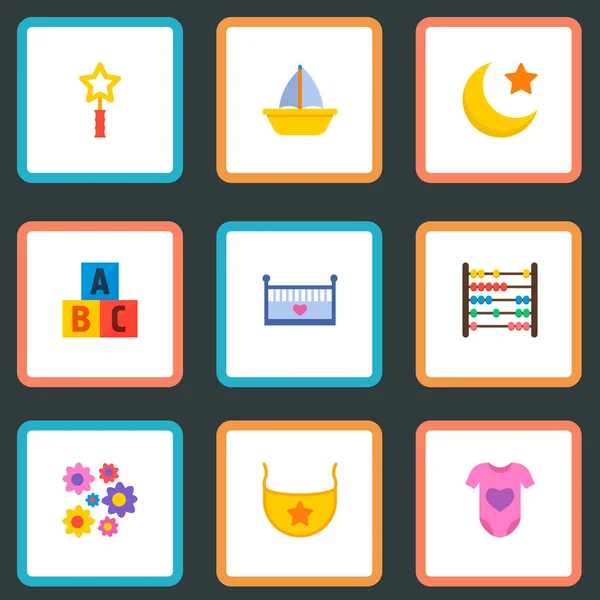 Conjunto de iconos para niños símbolos de estilo plano con luna, vestido de cuerpo, varita mágica iconos para el diseño del logotipo de su aplicación móvil web . — Vector de stock