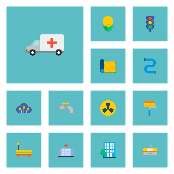 Boru hattı, hastane, halı ve diğer simgeler web mobil app logo tasarımı için kentsel simgeleri düz stil simgeler kümesi. — Stok Vektör