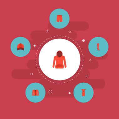 Topuklu ayakkabı, ceket, Abiye ve diğer simgeler web mobil app logo tasarımı için elbise simgeler düz stil sembollerle kümesi.