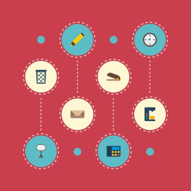 Telefon, kahve makinesi, beyaz tahta ve diğer simgeler web mobil app logo tasarımı için çalışma alanı simgeleri düz stil sembollerle kümesi.