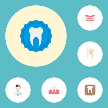 Diş hekimi, damga, takma diş ve diğer simgeler web mobil app logo tasarımı için emaye simgeler düz stil sembollerle kümesi.