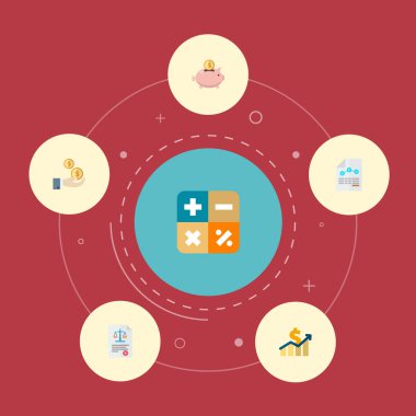 Hukuk, matematik, net gelir ve diğer simgeler web mobil app logo tasarımı için kayıt simgeler düz stil sembollerle kümesi.