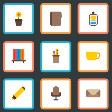 Büro simgeler düz stil simgeleri bookshelf, yaka kartı, kalem ile dizi stand simgeler, web mobil app logo tasarımı için.