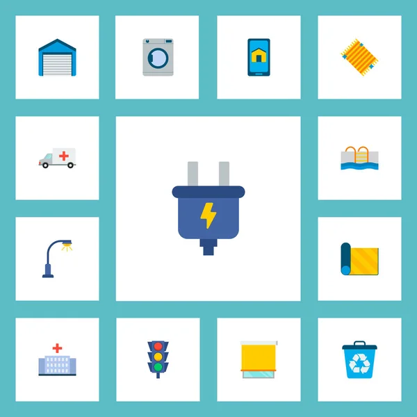 Set of smart city icons flat style symbols with washing machine, street light, window cover and other icons for your web mobile app logo design.