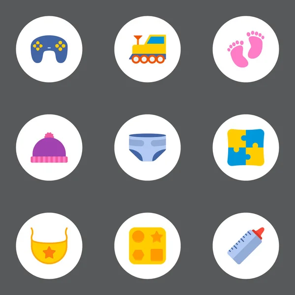 套婴儿图标平面式符号与婴儿布, 手柄, 冬季帽子和其他图标为您的 web 移动应用程序徽标设计. — 图库照片