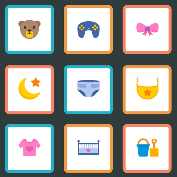 套婴儿图标扁平型符号与弓, 水桶, 婴儿床和其他图标为您的 web 移动应用程序徽标设计. — 图库照片