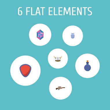 Oyun simgeleri düz stil sembolleri ile kristal, kalkan, keskin nişancı tüfeği ve web mobil app logo tasarımı için diğer simgeler kümesi.