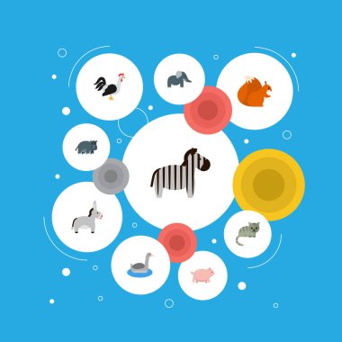 Hayvan simgeler düz stil sembollerle kedi, zebra, domuz ve web mobil app logo tasarımı için diğer simgeler kümesi.