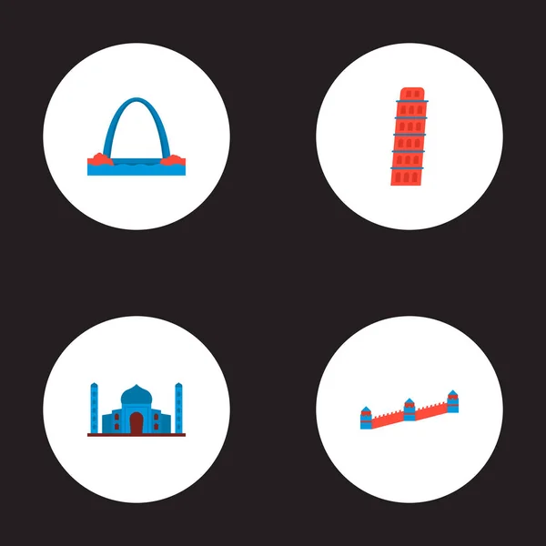 Conjunto de iconos monumentales símbolos de estilo plano con taj mahal, arco de entrada, torre inclinada y otros iconos para el diseño del logotipo de su aplicación móvil web . — Vector de stock