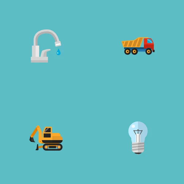 Damperli kamyon, Paletli ekskavatör, ışık ve diğer simgeler web mobil app logo tasarımı için inşaat simgeler düz stil sembollerle kümesi. — Stok Vektör