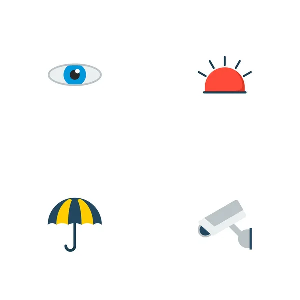 Beállított biztonsági ikonok lapos stílusú szimbólumok szem, riasztó, napernyő és más ikonok a webes mozgatható app logo tervezés. — Stock Vector