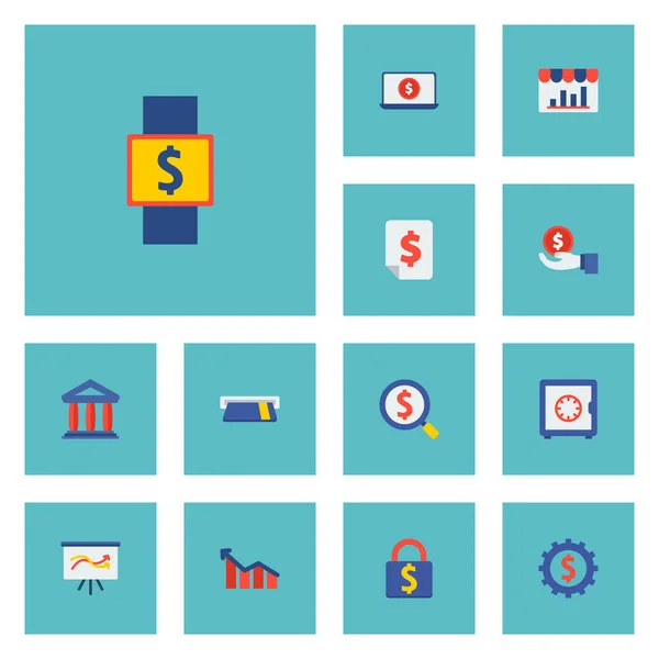 Conjunto de iconos de finanzas símbolos de estilo plano con caja fuerte, análisis de tiendas, iconos de dinero de la mano para el diseño del logotipo de su aplicación móvil web . — Vector de stock