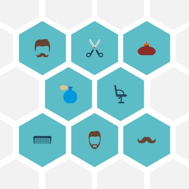 Dükkanı simgeler düz stil sembolleri bıyık, berber mobilya, sakal ve web mobil app logo tasarımı için diğer simgeler kümesi.