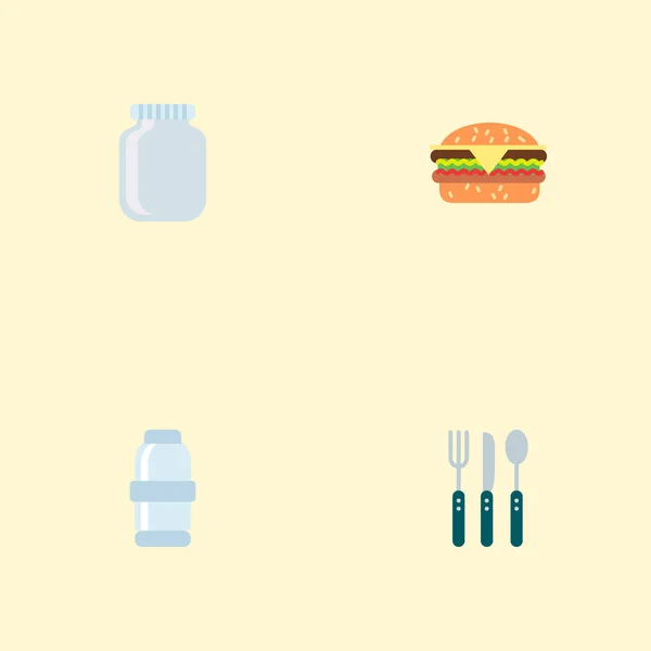 Набор кухонных иконок с плоским стилем символов с гамбургером, банкой, столовыми приборами и другими иконками для дизайна логотипа вашего веб-мобильного приложения . — стоковое фото