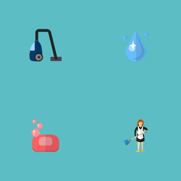 Set ikon pembersihan gaya datar simbol dengan sabun, pembantu rumah tangga, air drop dan ikon lain untuk desain logo web aplikasi mobile Anda . — Stok Foto
