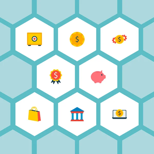 Set di icone finanziarie simboli in stile piatto con denaro contante, cassaforte, denaro per laptop e altre icone per il design del logo dell'app per dispositivi mobili web . — Foto Stock