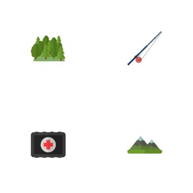 Rod, ecza, dağlar ve diğer simgeler web mobil app logo tasarımı için kamp simgeler düz stil sembollerle kümesi.