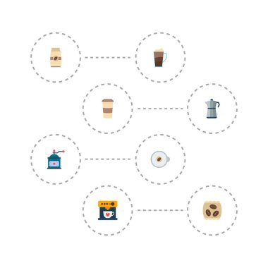 İçki simgeler düz stil sembolleri süzücü, mocha değirmeni, kapuçino gitmek ve web mobil app logo tasarımı için diğer simgeler kümesi.