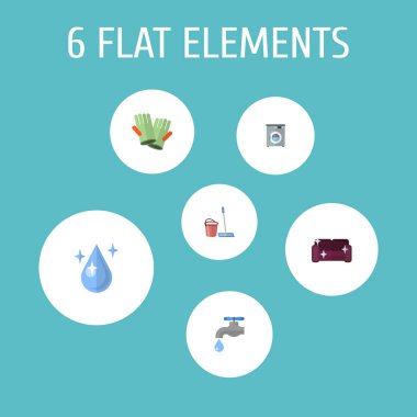 Hijyen simgeler düz stil sembolleri ile çamaşır makinesi, eldiven, damla su ve diğer simgeler web mobil app logo tasarımı için temizlik seti.