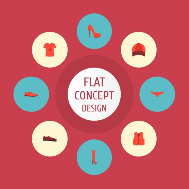 Beyzbol şapkası, yelek, stiletto ve diğer simgeler web mobil app logo tasarımı için kıyafet simgeler düz stil sembollerle kümesi.