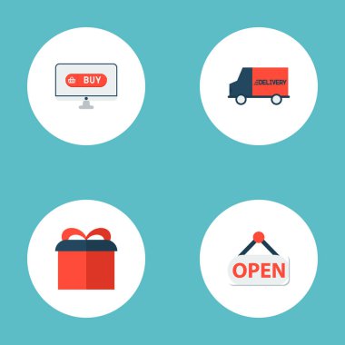 Teslimat, online, açılış saati ve diğer simgeler web mobil app logo tasarımı için mağaza simgeler düz stil sembollerle kümesi.