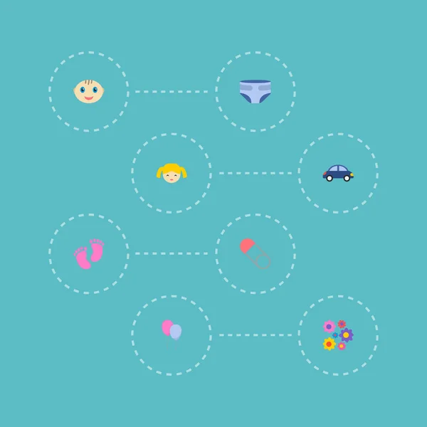 Készlet-ból baba ikonok lapos stílusú szimbólumok játékautó, léggömb, baba lábát és más ikonok a webes mozgatható app logo tervezés. — Stock Vector