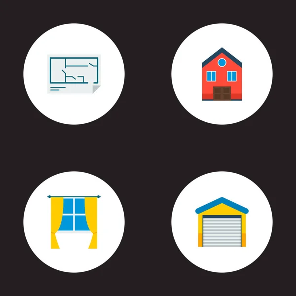 Conjunto de ícones imóveis símbolos de estilo plano com janela, plano de chão, garagem e outros ícones para o design do logotipo do seu aplicativo móvel web . —  Vetores de Stock