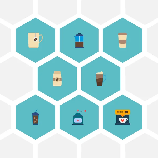 Conjunto de ícones de café símbolos de estilo plano com cappuccino para ir, pote, pacote e outros ícones para o seu design de logotipo web mobile app . —  Vetores de Stock
