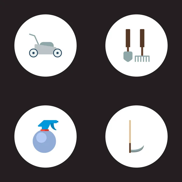 Set vlakke stijl symbolen van de pictogrammen van de landbouw met zeis, Tuin instrumenten, verstuiver en andere pictogrammen voor uw web mobiele app logo ontwerp. — Stockvector