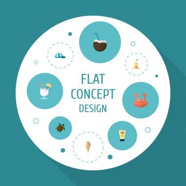 Dizi yaz simgeler düz stil sembolleri kapaklı, kokteyl, kum simgeler web mobil app logo tasarımı için.