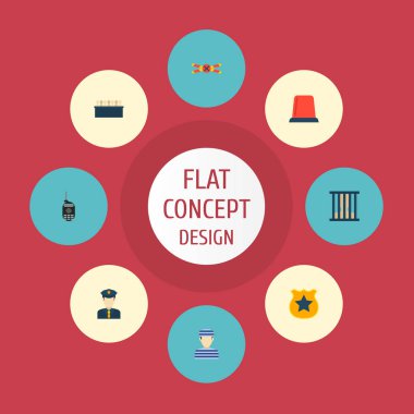 Hapishane, jüri üyeleri, polis rozeti ve diğer simgeler web mobil app logo tasarımı için suç simgeler düz stil sembollerle kümesi.