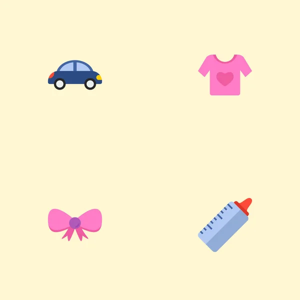 Set di icone per bambini simboli in stile piatto con fiocco, camicia per bambini, auto giocattolo e altre icone per il tuo design del logo dell'app mobile web . — Foto Stock