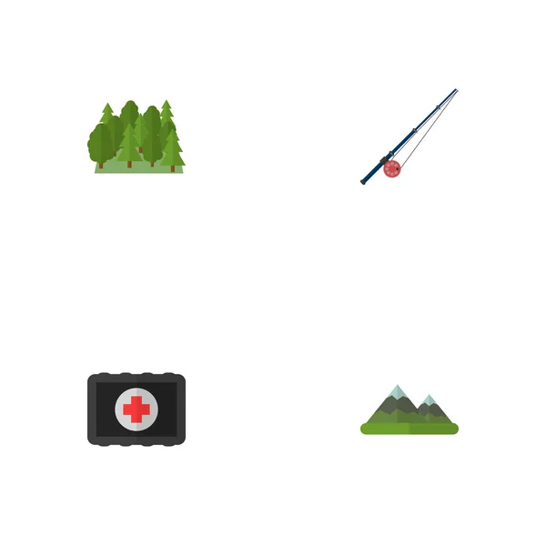 Uppsättning camping ikoner platt stil symboler med spö, medicin bröstet, berg och andra ikoner för din mobilapp logotyp webbdesign. — Stockfoto