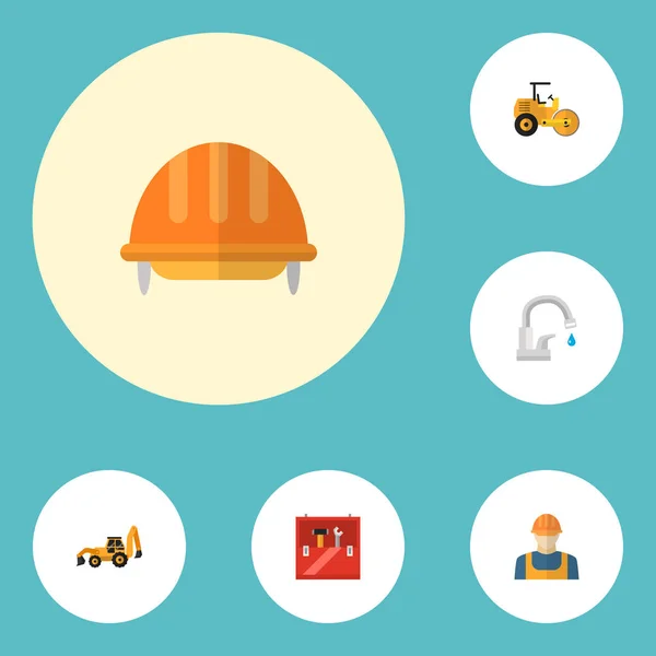 Set of industry icons flat style symbols with water tap, helmet, tractor backhoe loader and other icons for your web mobile app logo design.