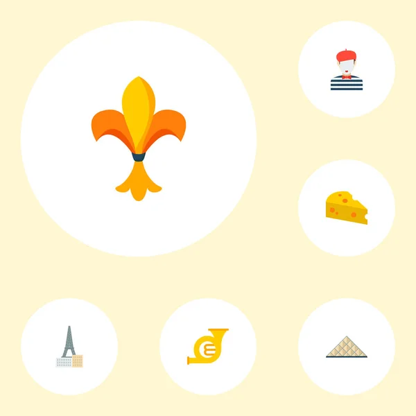 Louvre Musée du Louvre, Fransız kornosu, peynir ve diğer simgeler web mobil app logo tasarımı için ülke simgeleri düz stil sembollerle kümesi. — Stok fotoğraf