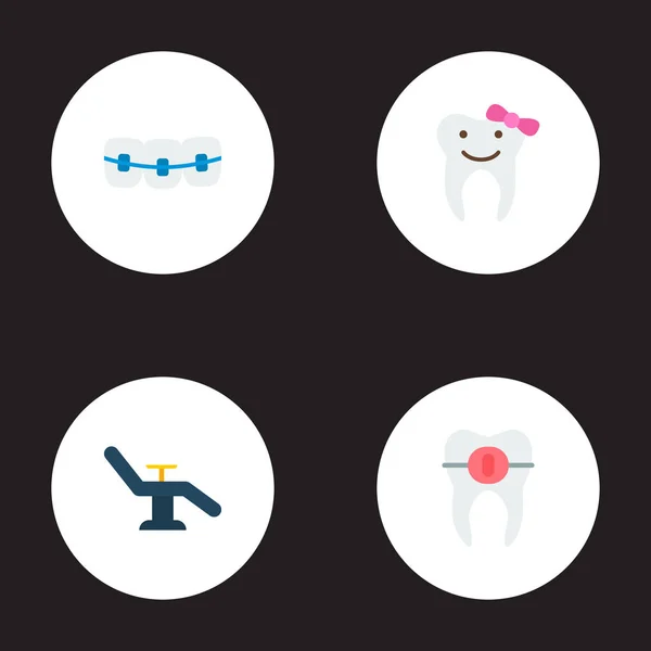 Набір символів емалі плоского стилю з стоматологічним кріслом, вирівнюванням, брекетами та іншими піктограмами для дизайну логотипу вашого мобільного додатка . — стокове фото