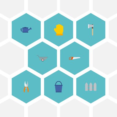 Bahçe simgeler düz stil sembolleri ile eldiven, makas, balta ve web mobil app logo tasarımı için diğer simgeler kümesi.