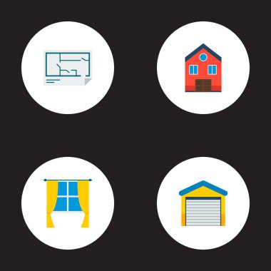 Pencere, kat planı, garaj ve diğer simgeler web mobil app logo tasarımı için özelliği simgeler düz stil sembollerle kümesi.