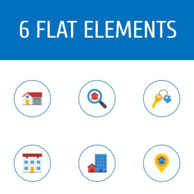 Taşınmaz simgeler düz stil sembollerle anahtar, konum ve diğer simgeleri web mobil app logo tasarımı için seçenek kümesi.