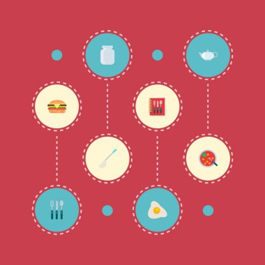 Simgeler düz stil sembolleri su ısıtıcısı, kavanoz, yemek tarifi kitabı ve diğer simgeler web mobil app logo tasarımı için pişirme seti.