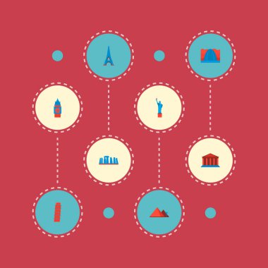 Leaning tower, big ben, stonehenge ve diğer simgeler web mobil app logo tasarımı için simge simgeler düz stil sembollerle kümesi.
