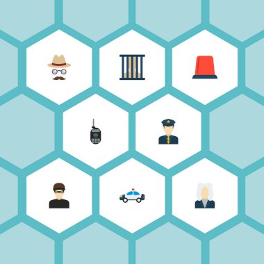 Suç simgeler düz stil sembollerle ceza, Yargıç, radyo ve diğer simgeler web mobil app logo tasarımı için kümesi.