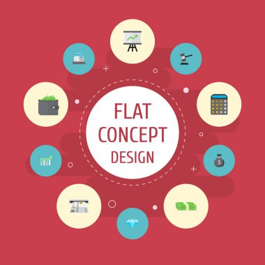 Atm, istatistik, açık artırma ve diğer simgeler web mobil app logo tasarımı için finans simgeler düz stil sembollerle kümesi.