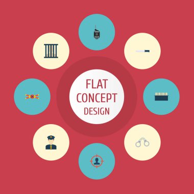 Şüpheli, bıçak, radyo ve diğer simgeler web mobil app logo tasarımı için suç simgeler düz stil sembollerle kümesi.