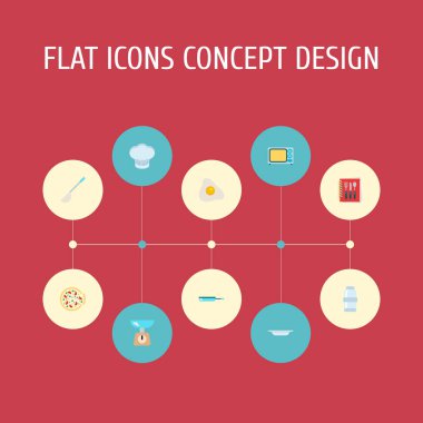 Pan, mikrodalga, ölçekler ve diğer simgeler web mobil app logo tasarımı için gıda simgeler düz stil sembollerle kümesi.