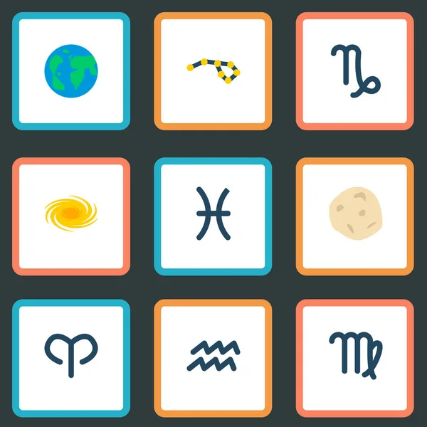 Set von Galaxiensymbolen flache Stilsymbole mit Globus, Asteroiden und anderen Symbolen für Ihr Webdesign für mobile Apps. — Stockvektor